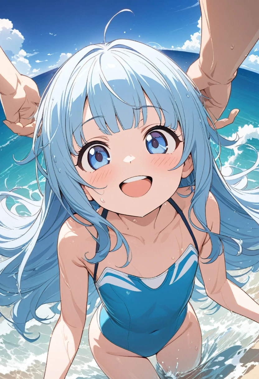 masterpiece, best quality, extremely detailed, (illustration, official art:1.1), 1 girl ,(((( light blue long hair)))), ,(((( light blue long hair)))),light blue hair, , long hair ((blush)) , cute face, big eyes, masterpiece, best quality,(((((a very delicate and beautiful girl))))),Amazing,beautiful detailed eyes,blunt bangs((((little delicate girl)))),tareme(true beautiful:1.2), sense of depth,dynamic angle,,,, affectionate smile, (true beautiful:1.2),,(tiny 1girl model:1.2),)(flat chest), Highest quality, masterpiece, Ultra-high resolution, 8k,
Show anime style , 1 girl, Soft Line Art, Digital Enhancement, shojo anime touch, shojo manga core, Flowing fabric, close, Soft Drawing, Ultra High Definition Digital Anime Art, Clear facial depiction, Highly detailed girl manga character art, Ultra-detailed manga style, Highest qualityの色,
Wet Hair(((Best open mouth smile))),wave hands,
Summer sky,Midsummer,Playing in the water with friends on the beach,Splashing water on each other,Splattering splashes,Get excited,One piece swimsuit,((Smiling with teeth showing)),Half submerged in the sea,,Angle from the front,(((Face close up))),Anatomically correct hand