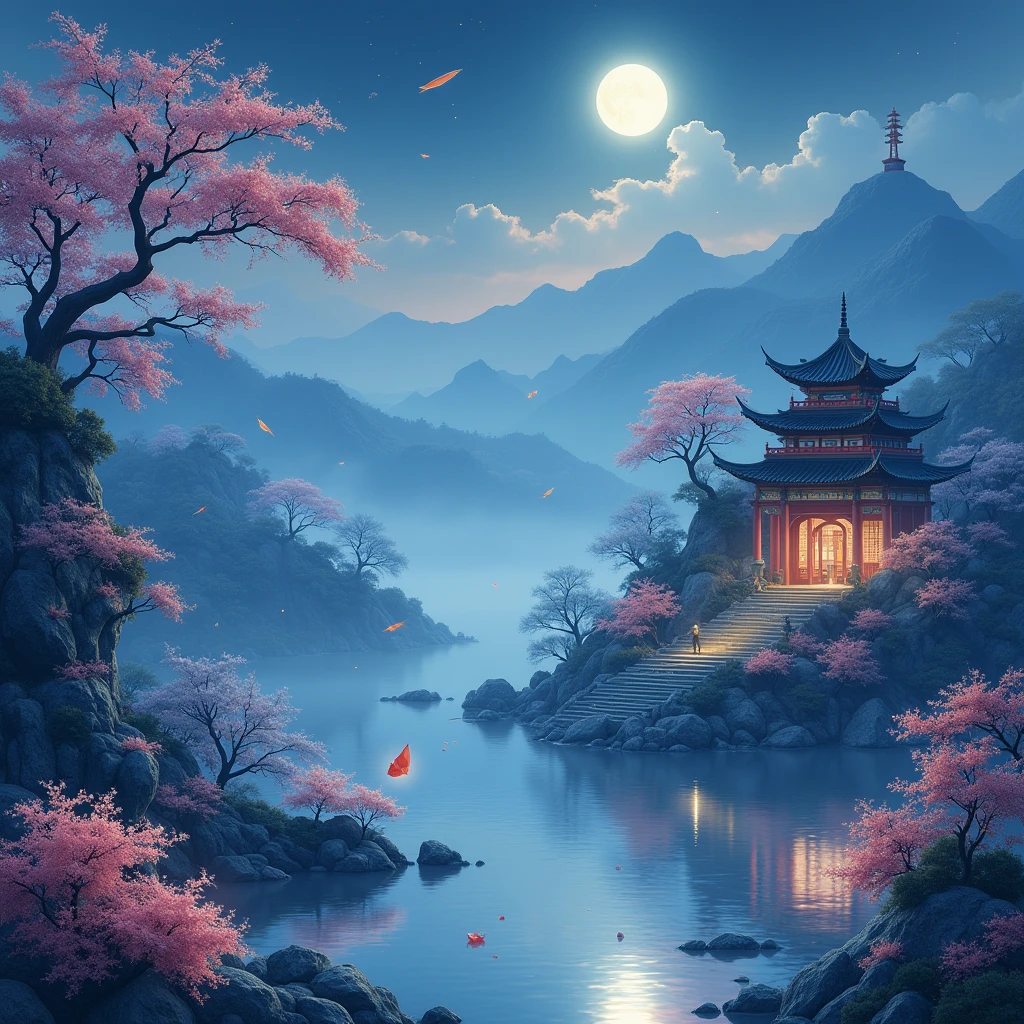 Ancient Chinese Landscape, ((hot spring)), (Blizzard), (firefly), (Paper Kite), (midnight), (moon), Hilltop Shrine, ((flower)), Beautiful scenery, Realistic lighting, masterpiece, high quality, Beautiful graphics, High Detail,