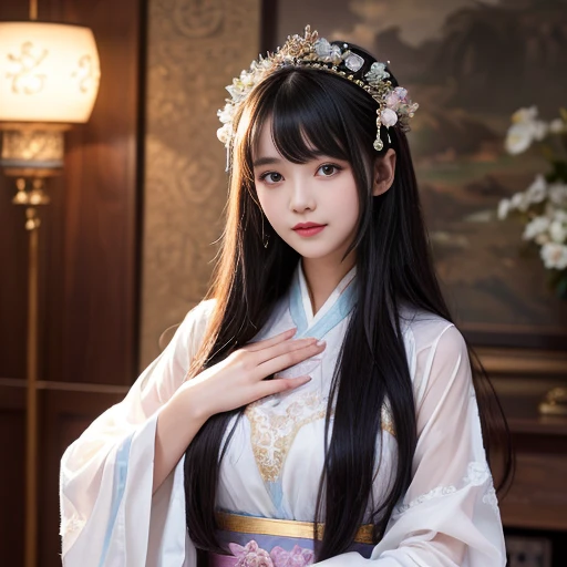 best quality, Delicate face,beautiful visual work, lifelike, eternity, black hair, Long curly hair, blunt bangs, Smile, Detailed Background, Delicate face,blush,cold,((masterpiece))、(top quality)、8k、high detail、Super detailed,21 years old female,身穿唐制Hanfu、waist skirt, Clothes are light and fluffy,Hanfu, wide sleeves, Transparent sleeves, Tunic, Clothes made of chiffon, Seductive and whimsical style、masterpiece、born、Scenes resembling fairy tale illustrations、intricate details和複雜的設計、Beautifully、magic、capricious、 Beautifully、Dream aesthetics、「𝓡𝓸𝓶𝓪𝓷𝓽𝓲𝓬、ethereal、charming、fickle、magic」、realism、Visual effects、FXAA、SSAO、Shader、voiceless、ambient lighting、Tone mapping、High resolution、Ultra high quality、Million pixels、(8K resolution:1.10)、8k、8k以下、8K resolution、high detail、intricate details, (high quality:1.2、masterpiece:1.2、:1.21)、(21 years old female:1.21)、(興奮地Smile)、(被dream般的氛圍所包圍、Model diagram,full-body shot,Normal 2 feet,Put your hands behind you,The protrusion of the breast is visible when wearing clothes, Large Breasts, H cup chest, antiquity, Xian Xia, gauze clothes, Soft and fluttering, Fairy, dream, fantasy, light, Elegant, nature, Immortal, romantic, classical, light purple clothes, indoor