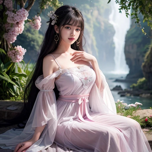 est quality, Delicate face，beautiful visual work, lifelike, eternity, black hair, Long curly hair, blunt bangs, Smile, Detailed Background, Delicate face，blush，cold，((masterpiece))、(top quality)、8k、high detail、Super detailed，21 years old female，Wearing Tang Dynasty Hanfu、waist skirt, Clothes are light and fluffy，Hanfu, wide sleeves, Transparent sleeves, Tunic, Clothes made of chiffon, Seductive and whimsical style、masterpiece、born、Scenes resembling fairy tale illustrations、Intricate details and complex designs、Beautifully、magic、capricious、 Beautifully、Dream aesthetics、「𝓡𝓸𝓶𝓪𝓷𝓽𝓲𝓬、ethereal、charming、fickle、magic」、Realism、Visual effects、FXAA、SSAO、Shaders、voiceless、ambient lighting、Tone mapping、High resolution、Ultra high quality、Million pixels、(8K resolution:1.10)、8k、Below 8K、8K resolution、high detail、intricate details， (high quality:1.2、masterpiece:1.2、:1.21)、(21 years old female:1.21)、(Smile excitedly)、(Surrounded by a dream-like atmosphere、Model diagram，full-body shot，Normal 2 feet，Put your hands behind you，The protrusion of the breast is visible when wearing clothes, Large Breasts, H cup chest, antiquity, Xian Xia, gauze clothes, Soft and fluttering, Fairy, dream, fantasy, light, elegant, nature, Immortal, romantic, classical, ribbon, light purple clothes, By the stream