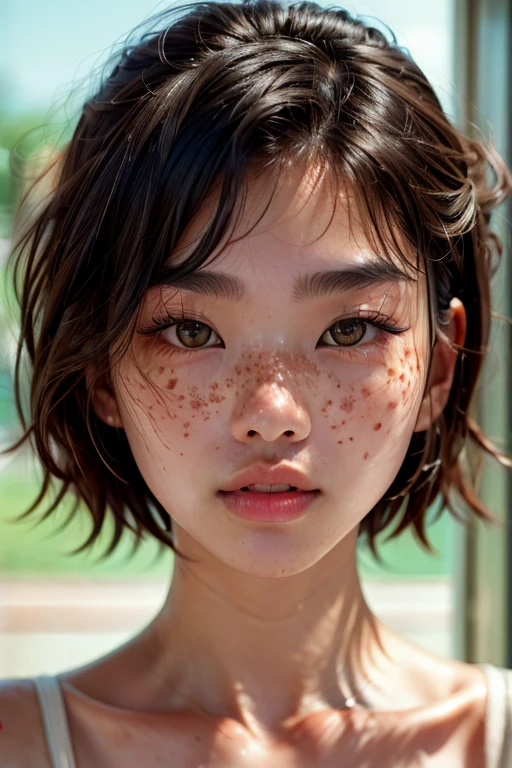 a beautiful japanese college girl with some freckles on her face inspired by hamada hideyaki shot by contax g1 with portra 800 film roll, ((short hair))