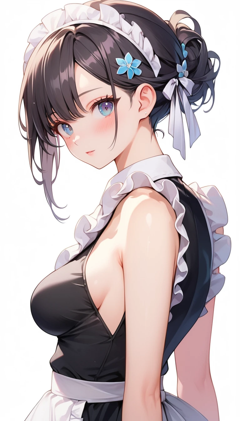 UHD, Retina, Masterpiece, Score_9, score_8_up, 8k, ultra-detailed, Ultra-high resolution, high-quality, 1girl, cute, perfect anatomy, black hair, side part, side part hairstyle 1:5, sleeveless maid dress, medium breasts, bare shoulders, sideboob, white skinned, blushing, skirt above knee, sexy, standing up, body