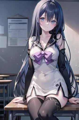 Necroha, neko kuroha, Black Hair, blue eyes, Long Hair, Hair between the eyes,
break bow, clavicle, Sailor collar, No sleeve, Knee socks, black Knee socks, zettai ryouiki,Large Breasts、
break looking at viewer, whole body,
break indoors, classroom,
break (masterpiece:1.2), Highest quality, High resolution, unity 8k wallpaper, (figure:0.8), (Beautiful attention to detail:1.6), Highly detailed face, Perfect lighting, Highly detailed CG, (Perfect hands, Perfect Anatomy),
