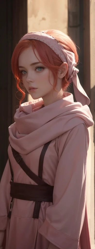 masterpiece), best quality, high resolution red hair 1girl medium hair standing alone cowl headband profile image looking at viewer beautiful eyes beautiful face extremely detailed pink clothing girly