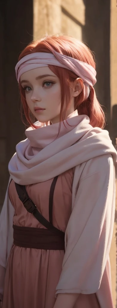 masterpiece), best quality, high resolution red hair  1girl  medium hair standing alone cowl headband profile image looking at viewer beautiful eyes beautiful face extremely detailed pink clothing girly