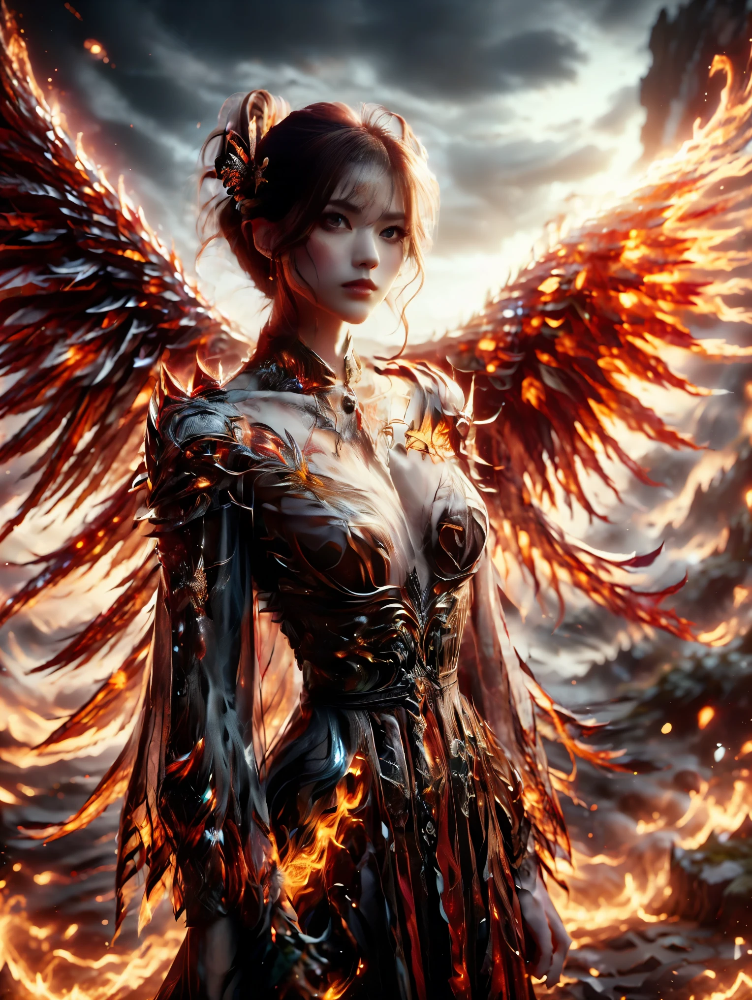 frontal, close up, floating in the air, ((1 woman, she is a fire fairy, alone, luminescent red hair, medium and shiny hair, thick lips, Red eyes, fairy wings, ethereal beauty.)) fire wings, ((He holds a gold, flaming staff with both hands)) ((She is dressed with: fire fairy clothing, ethereal and mystical dress, ruby armor )). angry and radiant look, expression of anger. ((sky, intense light particles, sparks from a magic circle)) ((around: un sky dimensional, with lights and fire, Intricate, luminescent vines, Light rays)) ((realist, fotorrealista:1.3), masterpiece, extremely detailed pale body, half body.))
