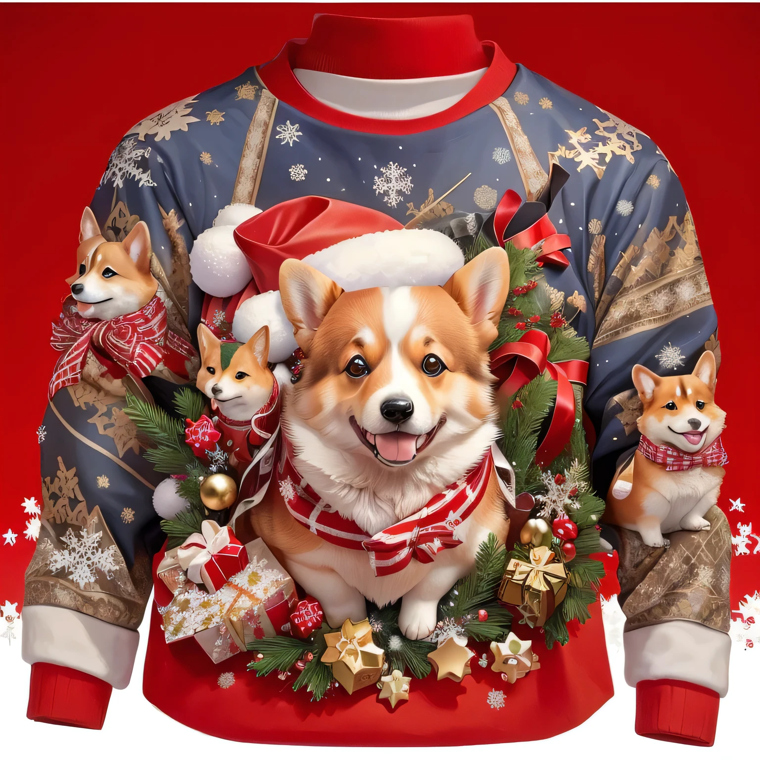 Only the corgi in the middle remains、Background with snowflakes and gifts all around