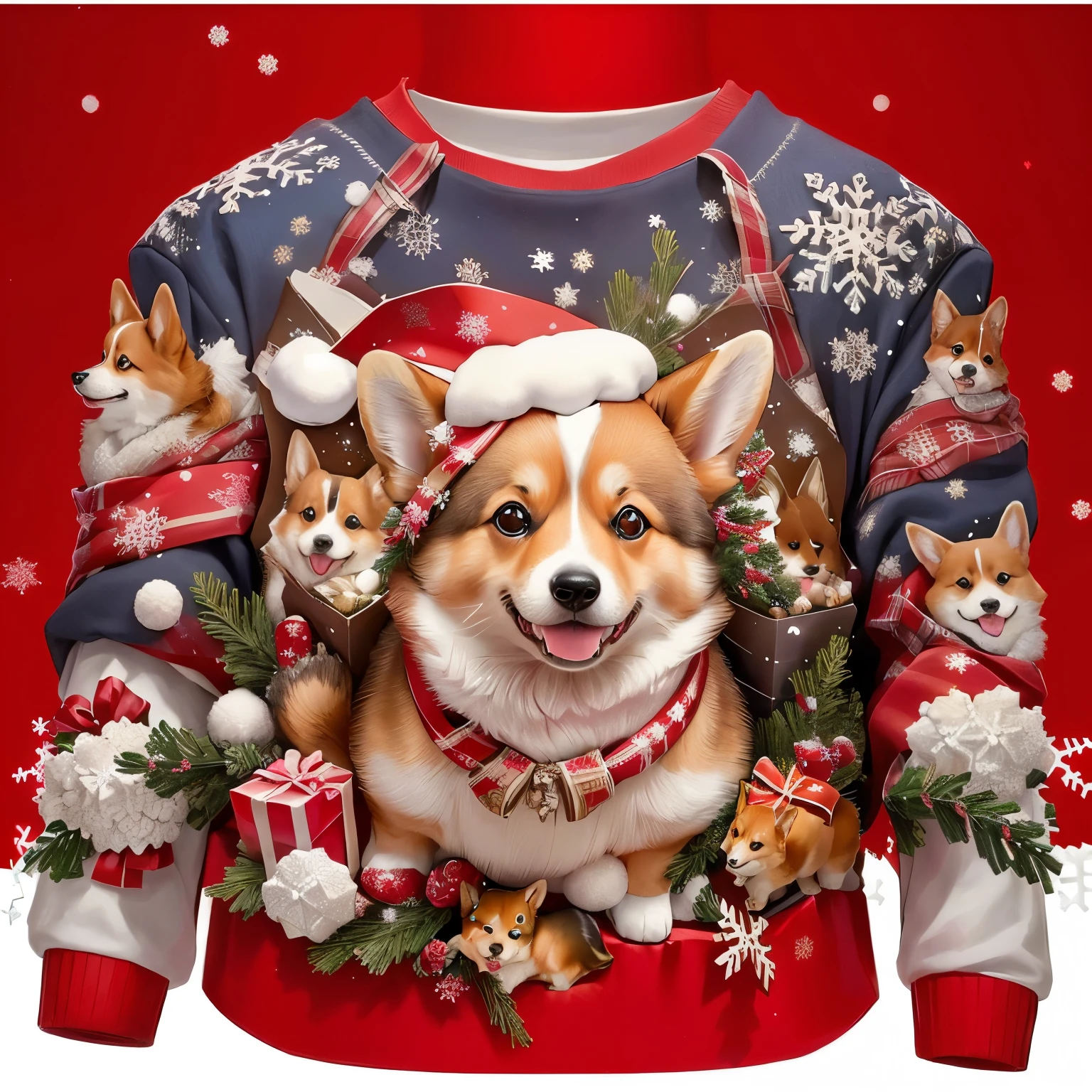 Only the corgi in the middle remains、Background with snowflakes and gifts all around