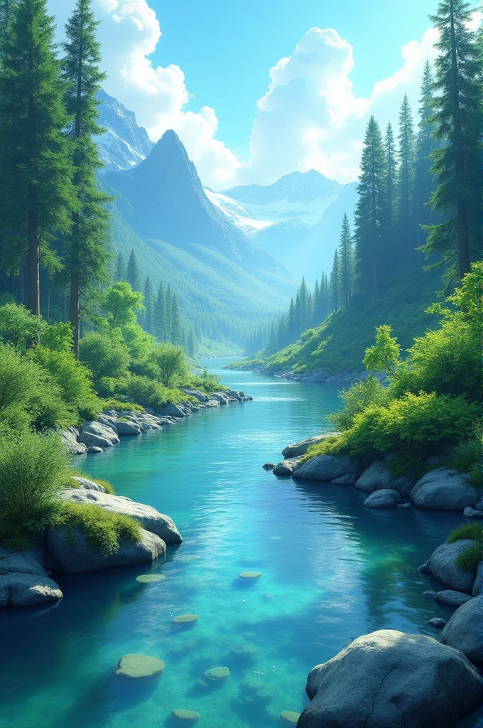 landscape, summer, Clear Stream, forest, unmanned, river, Blue sky, nobody, Mountains in the distance, High-resolution details, Ultra Detailed, Movie, Surrealism, Soft Light, Deep Focus Bokeh, Ray Tracing, Surrealism. , Art Station pixiv Gwise, Shinkai Makoto, Art bud