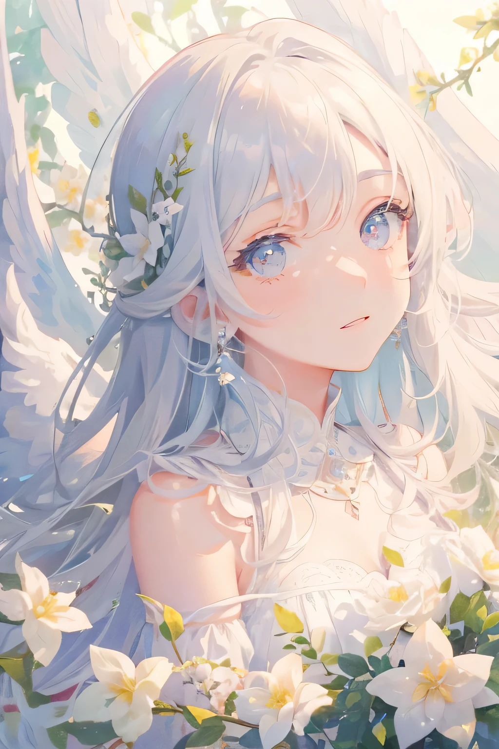 (High quality, 8K), watercolor paiting, (Soft light), lots of flower, Simple white dress, angel, wings, detailed eyes, detailed face, long hair