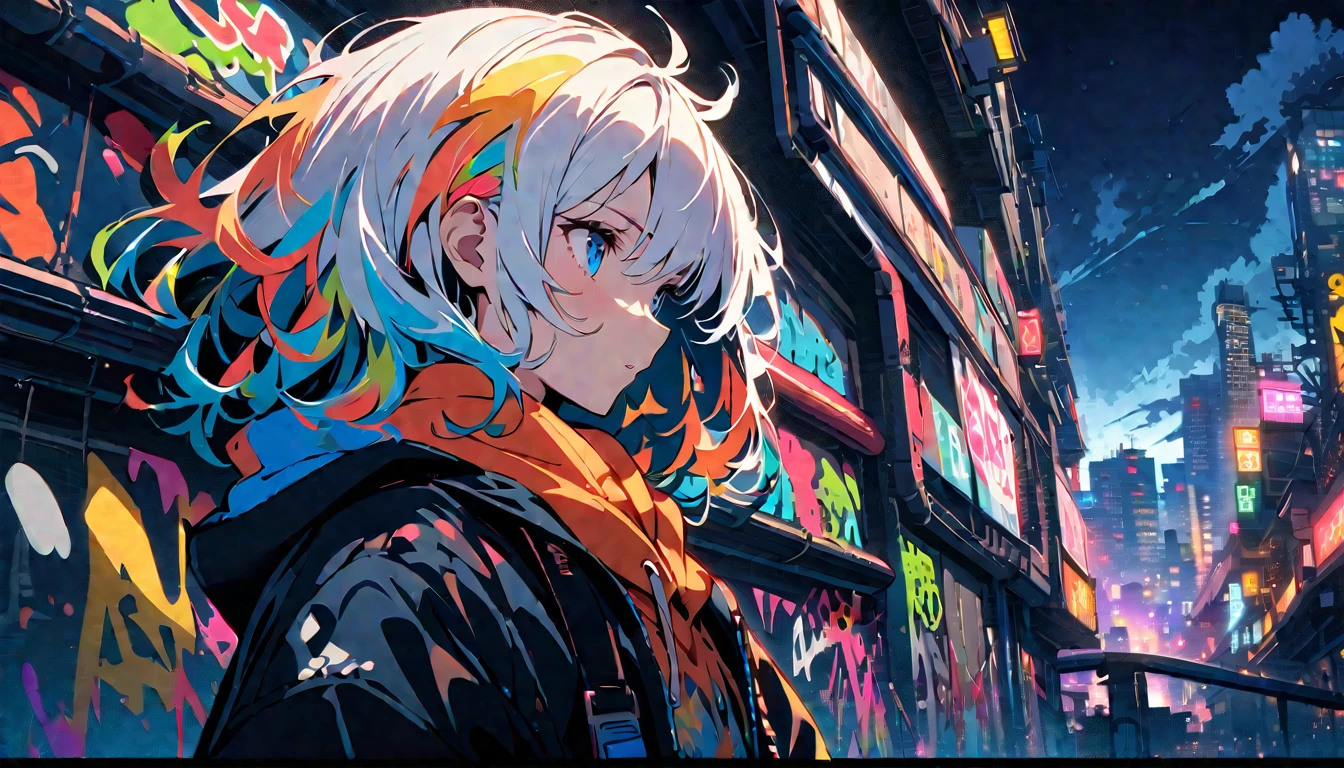 HD 8K Handsome sexy, Solitary, 1 female, Medium Length Hair, white hair, Rainbow hair, blue Eyes panoramic, in the night, looking away, colored hoodie, outdoor, White clouds, graffiti Popularity spray art wall panoramic, vibrant, cityscape, Tokyo night