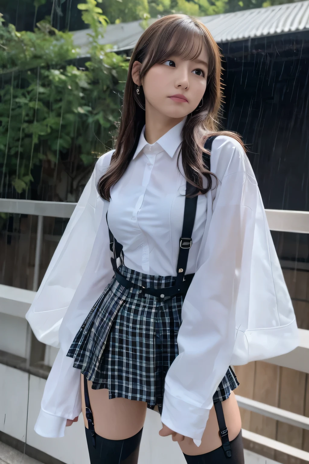 1 female, , high quality, masterpiece, Ultra-high resolution, Cinema Lighting, 1 female, , high quality, masterpiece, Ultra-high resolution, , Cinema Lighting, suspenders Moderate breasts Small face Looking up Sweat Thin belt buzzer 脇Sweat Garter belt Belt on pants holster Hands behind your back Looking up Anxious face Knee-high Knee socks Knee-highソックス garter ふとももにGarter belt Checkered mini skirt Panty shot Skirt gap Armament holster holster Hands behind your back Anxious expression Anxious face, legs apart Armament Leg holster holster See-through clothing heavy rain Rain-soaked dress shirt,