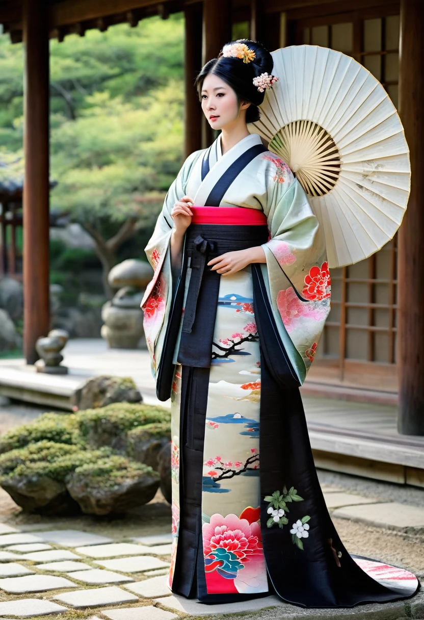 8K quality, ultra-high definition and realistic, Japanese Heian period, woman wearing twelve-layered kimono, beautiful, long black hair is stunning, the twelve-layered kimono is painted in bright colors with peony flowers and a ox carriage, standing in a shinden-zukuri mansion looking at the courtyard, holding a closed fan in her hand, artistic, attention to detail, gentle light, pale image, impressionistic, the season is early spring, particles of light dance.