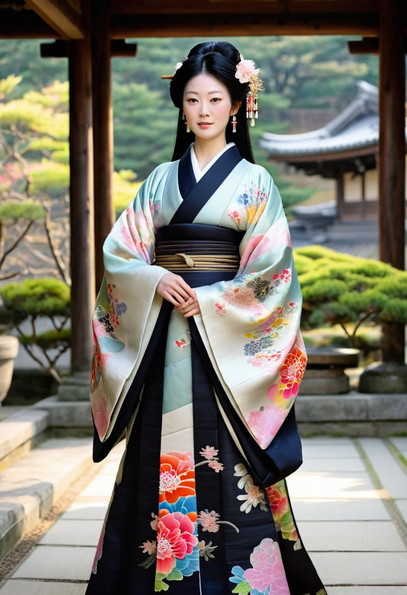 8K quality, ultra-high definition and realistic, Japanese Heian period, woman wearing twelve-layered kimono, beautiful, long black hair is stunning, the twelve-layered kimono is painted in bright colors with peony flowers and a ox carriage, standing in a shinden-zukuri mansion looking at the courtyard, holding a closed fan in her hand, artistic, attention to detail, gentle light, pale image, impressionistic, the season is early spring, particles of light dance.