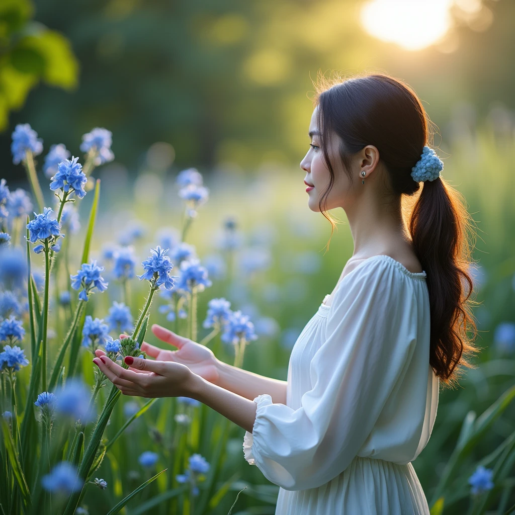 In the fragrant garden, Blind woman standing there,Open your arms, Gently touch the petals she encounters, Connect with nature and sweet blue flowers.