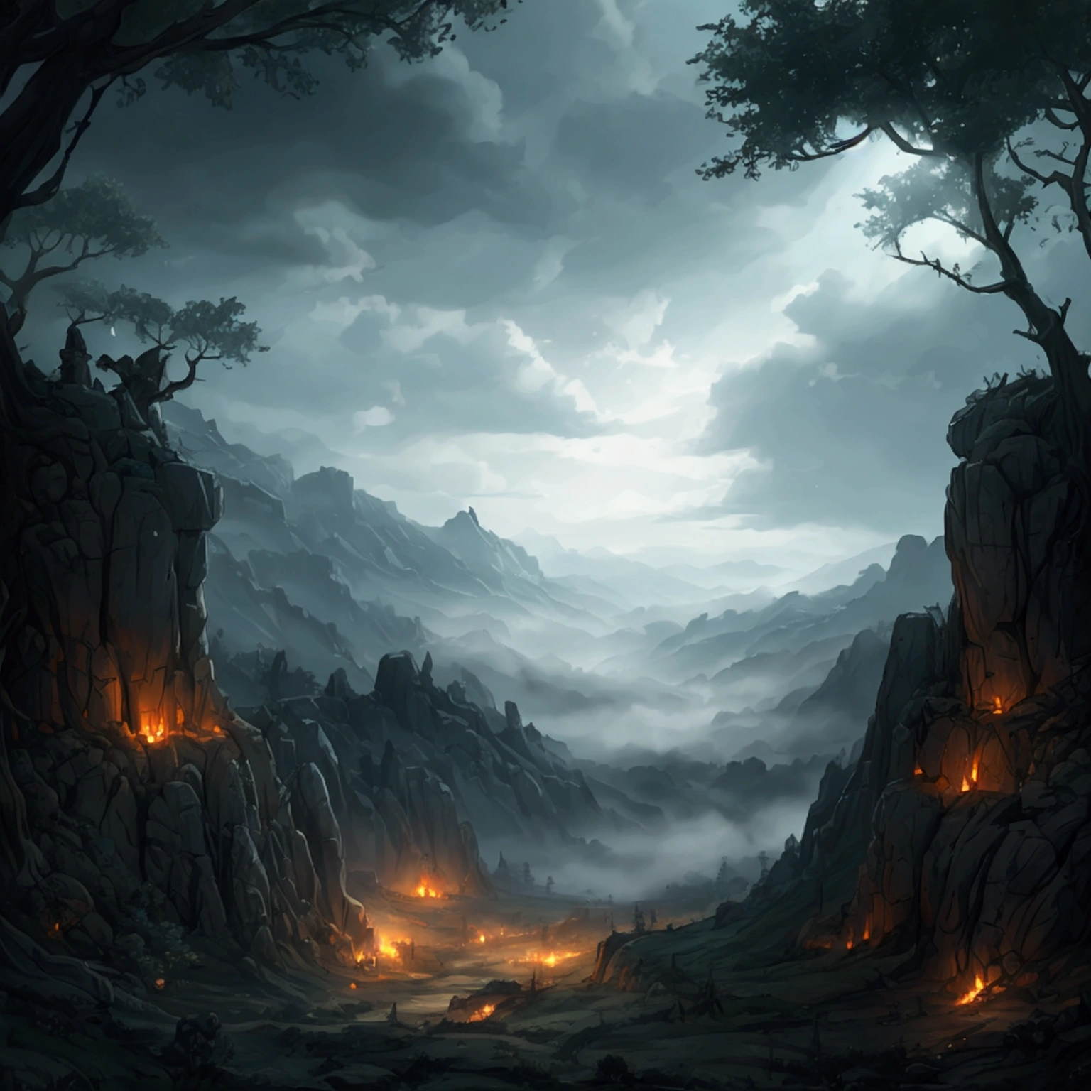 create a 2d RPG battle map with a top view, vista de topo, top-down. A dark, cloudy forest with a clay ridge