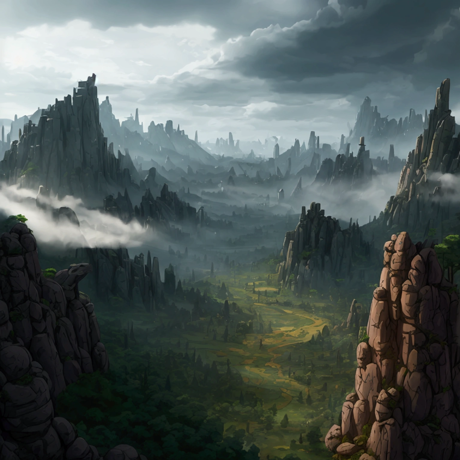 create a 2d RPG battle map with a top view, vista de topo, top-down. A dark, cloudy forest with a clay ridge