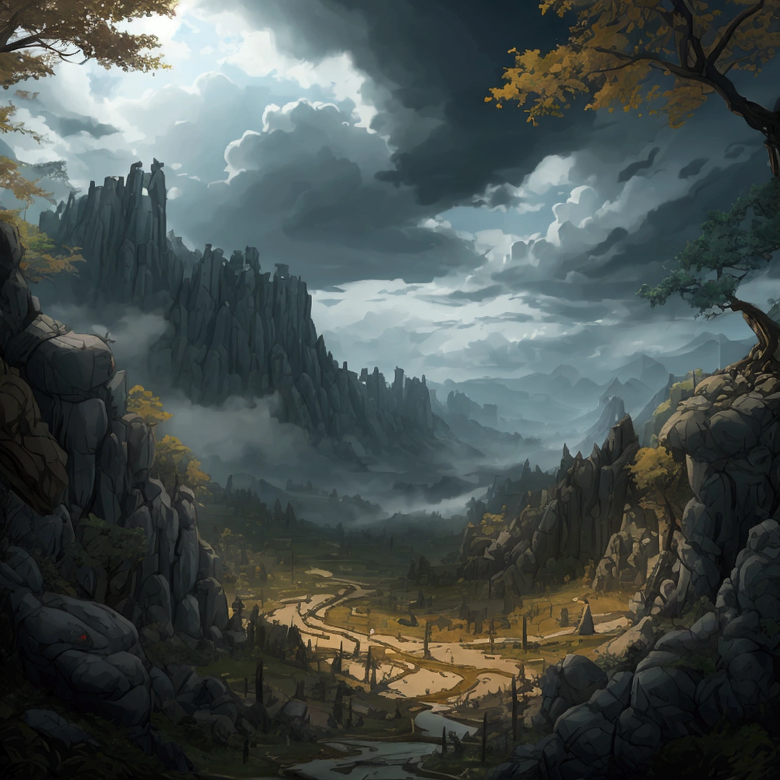 create a 2d RPG battle map with a top view, vista de topo, top-down. A dark, cloudy forest with a clay ridge