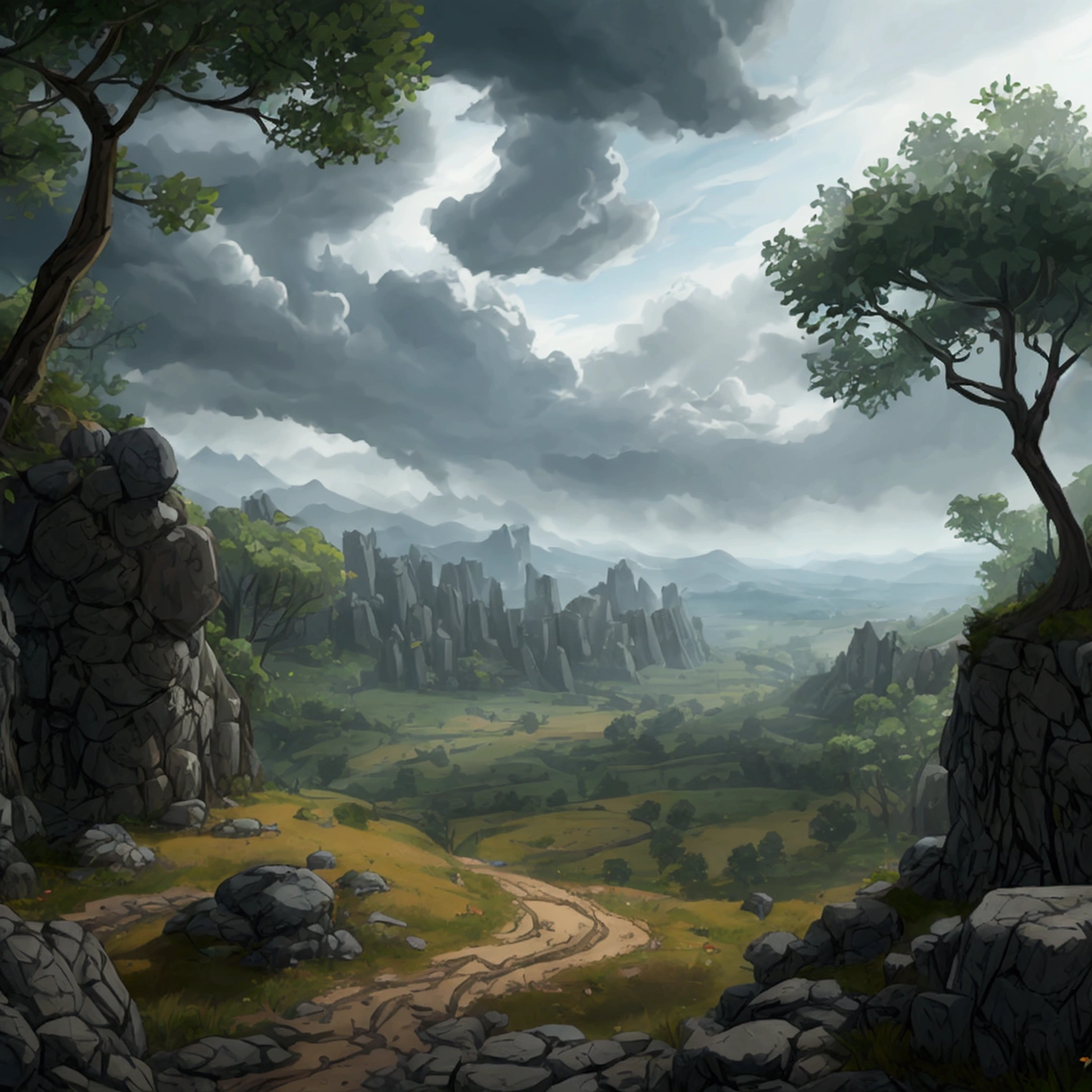 create a 2d RPG battle map with a top view, vista de topo, top-down. A dark, cloudy forest with a clay ridge