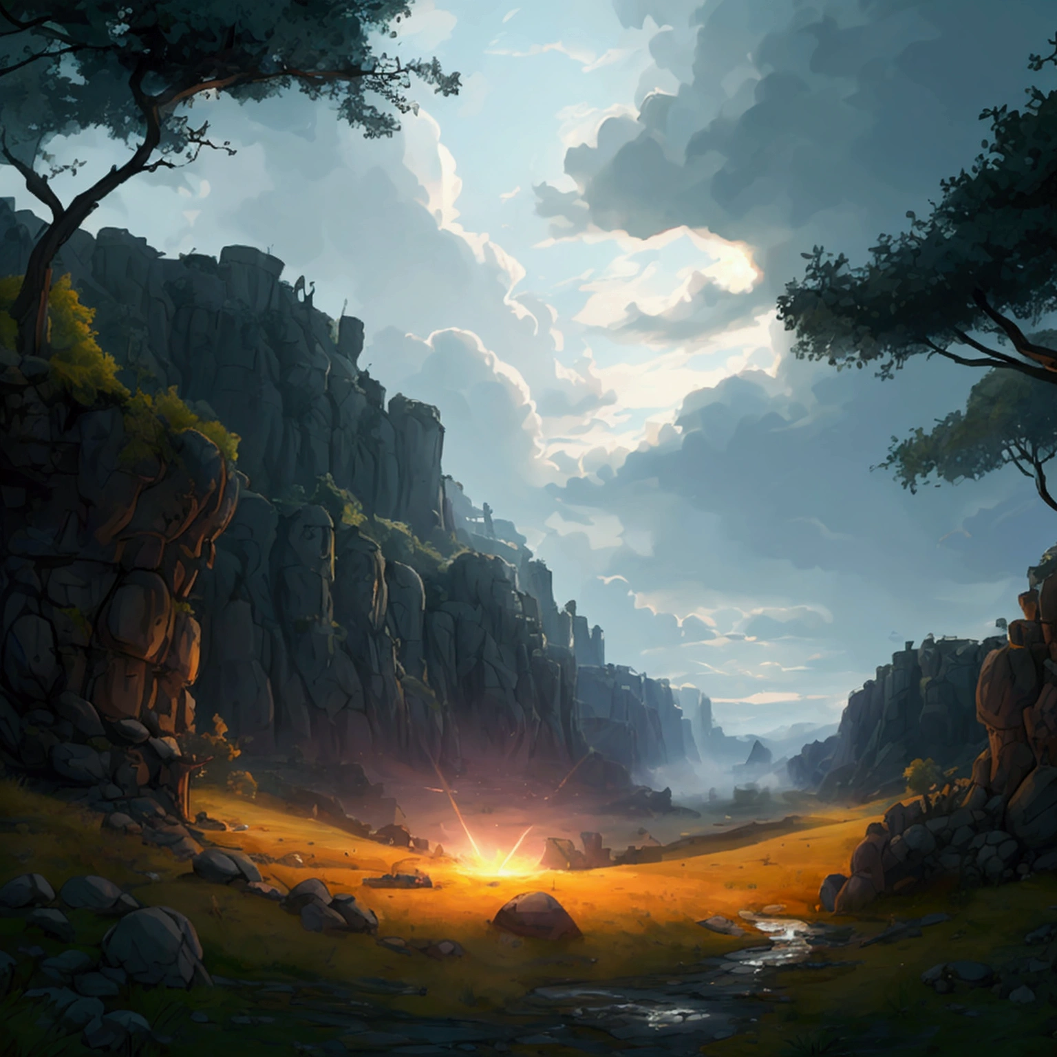 create a 2d RPG battle map with a top view, vista de topo, top-down. A dark, cloudy forest with a clay ridge
