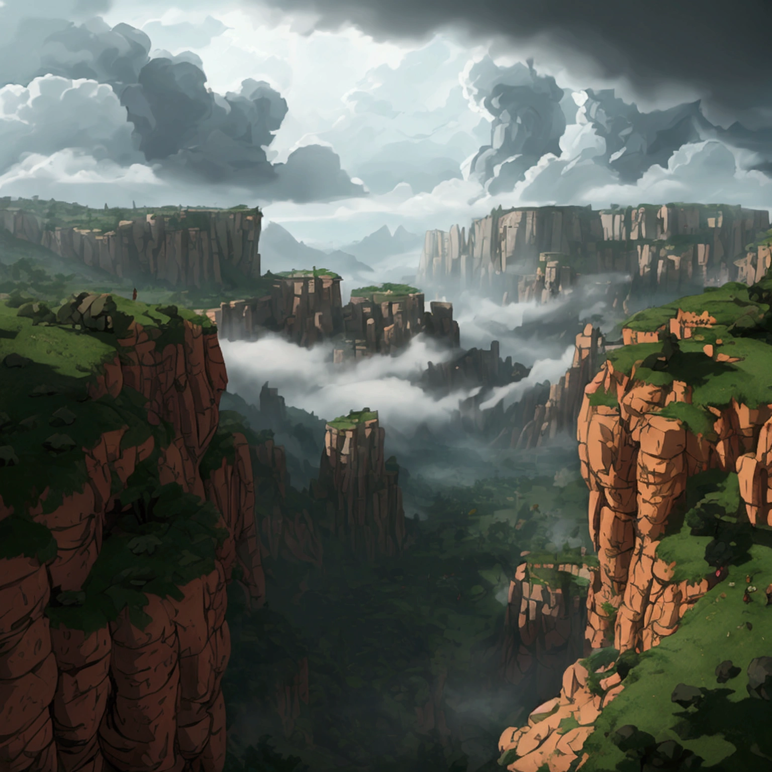 create a 2d RPG battle map with a top view, vista de topo, top-down. A dark, cloudy forest with a clay ridge