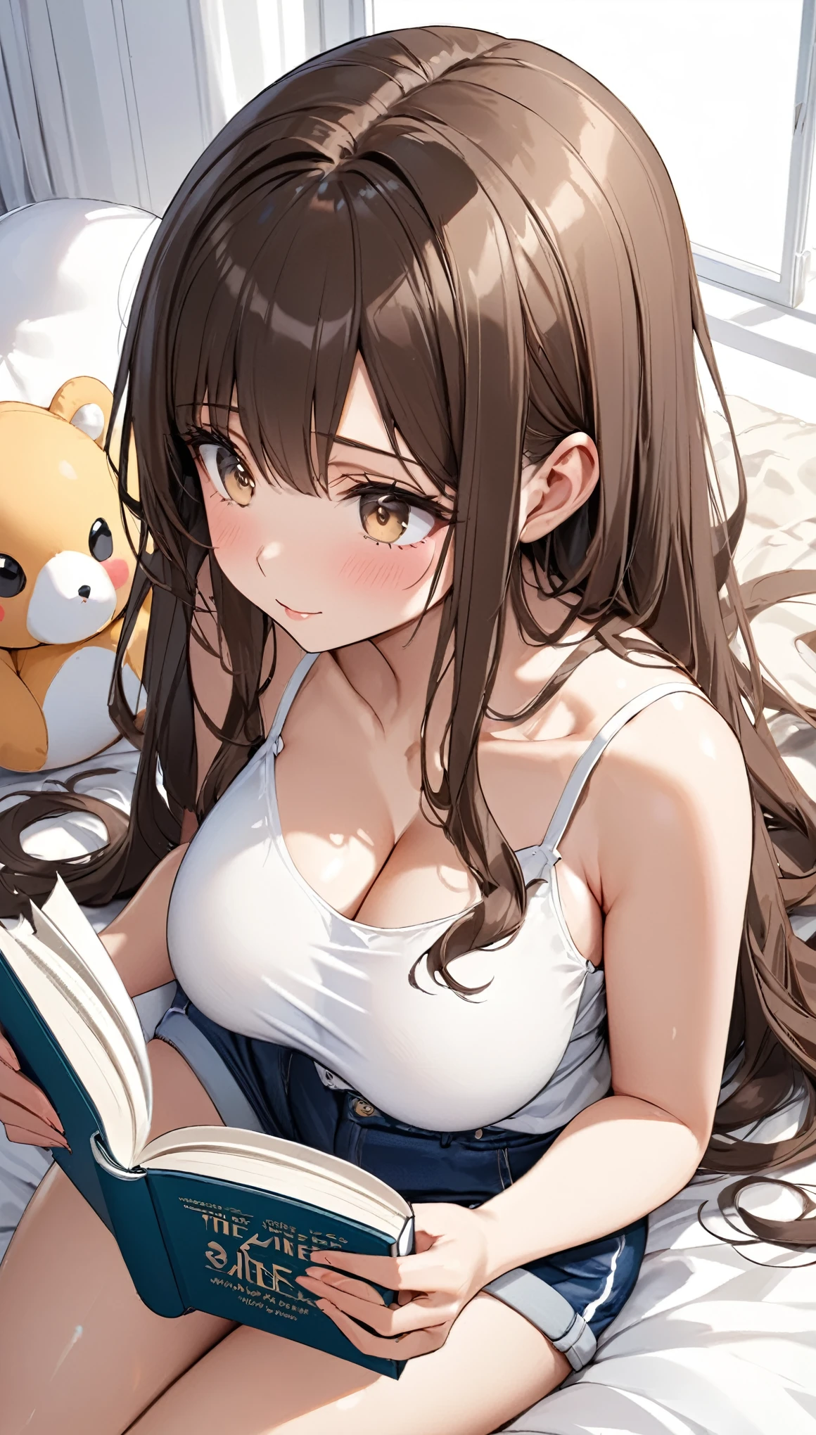 sitting on bed reading a book、((looking book)), looking away, masterpiece, Highest quality, Very detailed, ,The finer details, Anime Style, One Girl, 22 years old, Cute Face、Large Breasts、Big Ass、Tight waist、from above、Long Hair、Beautiful Eyes、Dark brown hair, Shiny Hair, Light brown eyes、White camisole, Shorts, at home、Modern white room、Large stuffed animal