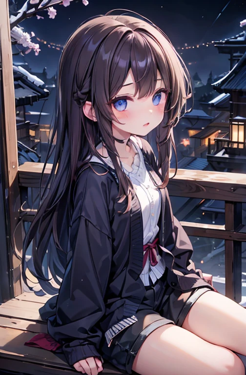 1 female、whole body、lower angle、Brown Hair、Long Hair、Well-groomed face、Dark lips、blue eyes、Blue cardigan、valley、slim、Black shorts、cherry blossoms、cherry blossoms吹雪、petal、Kyoto、old buildings、night、full moon、masterpiece、Ultra-high resolution、delicate、Perfect lighting、sunlight、16K