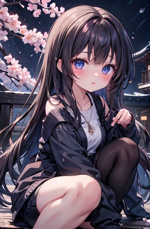 1 female、whole body、lower angle、Brown Hair、Long Hair、Well-groomed face、Dark lips、blue eyes、Blue cardigan、valley、slim、Black shorts、cherry blossoms、cherry blossoms吹雪、petal、Kyoto、old buildings、night、full moon、masterpiece、Ultra-high resolution、delicate、Perfect lighting、sunlight、16K