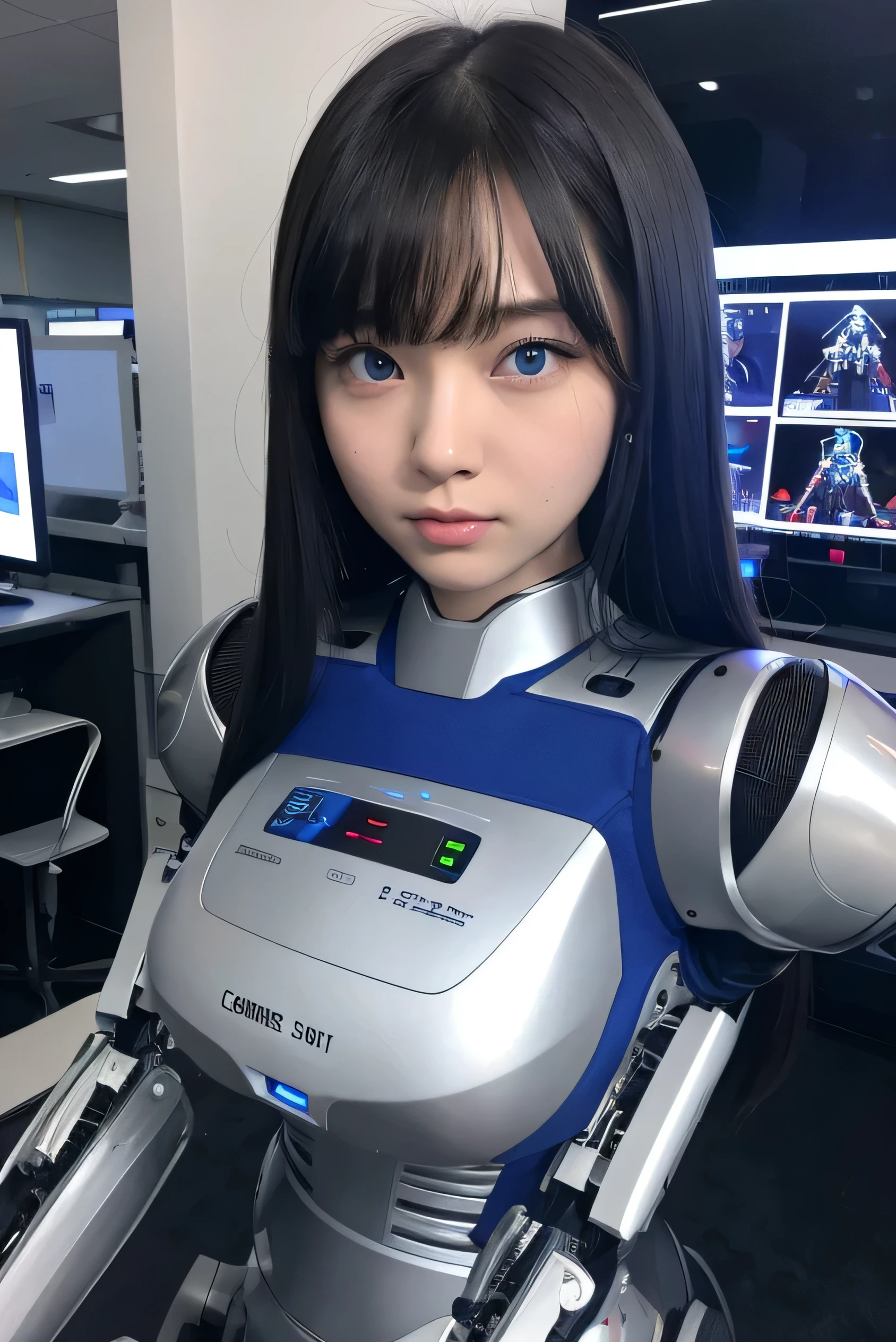 masterpiece, best quality, extremely detailed, Japaese android girl,portrait,Plump,a bit chubby,control panels,android,Droid,Mechanical Hand, Robot arms and legs, Black hair,Blunt bangs,perfect robot girl,long tube,thick cable connected her neck,android,robot,humanoid,cyborg,japanese cyborg girl ,robot-assembly plant,She is assembling now,assembly scene,blue eyes,chest monitor