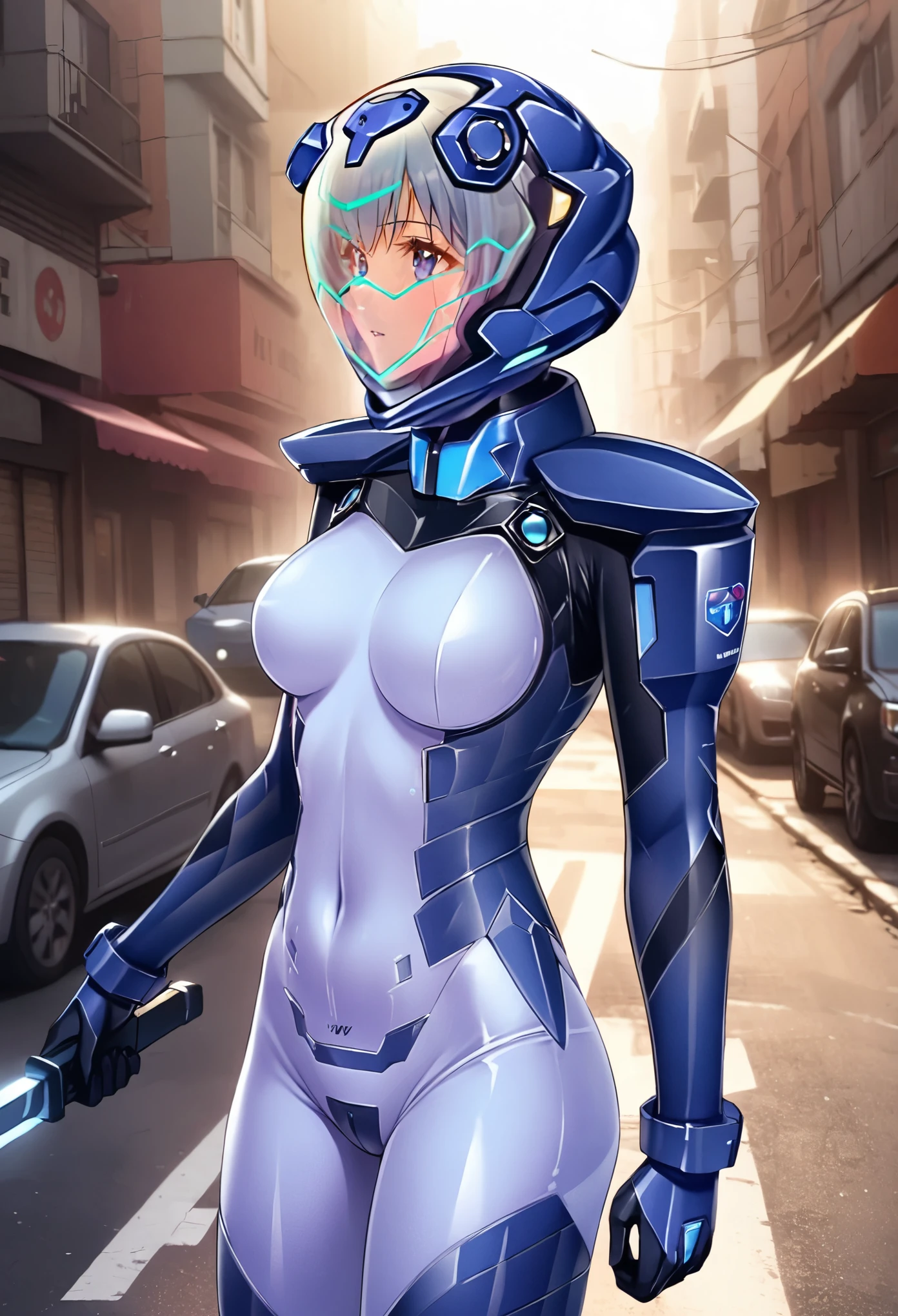 short hair, street, emo, gray hair, white eyes, eyeliner, apocalypse, (holding sword), astronaut, (fighting stance:1.6),  girl,    road, city,  fortified suit, ((blue:1.5) plugsuit), short hair, outdoors, cinematic light,  medium breasts, covered navel, space helmet, muvluv, space helm, 