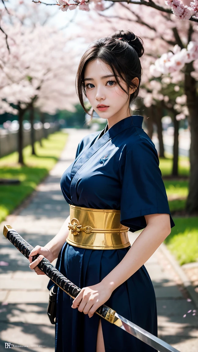 "Create an image of Yasuo from League of Legends by Riot Games, reimagined as a female, in her classic ronin outfit with traditional samurai armor and a flowing blue sash, no having clothes,having massive k-cups:1.55. She's standing in a peaceful cherry blossom garden with petals falling around her, in an attractive pose with her katana ready."

