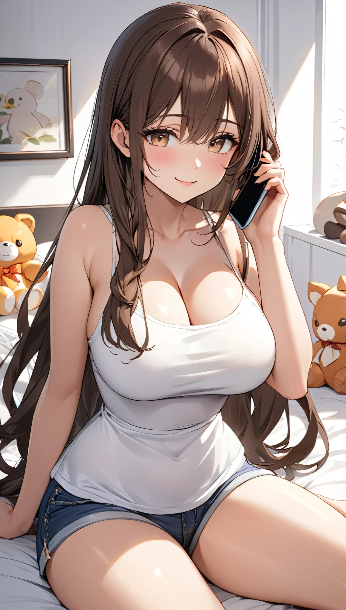Making a call on a smartphone sitting on the bed、llooking away, masterpiece, Highest quality, Very detailed, ,The finer details, Anime Style, One Girl, 22 years old, Cute Face、Large Breasts、Big Ass、Tight waist、Dynamic Angle、Long Hair、Beautiful Eyes、Dark brown hair, Shiny Hair, Light brown eyes、White camisole, Shorts, at home、Modern white room、Large stuffed animal、smile,