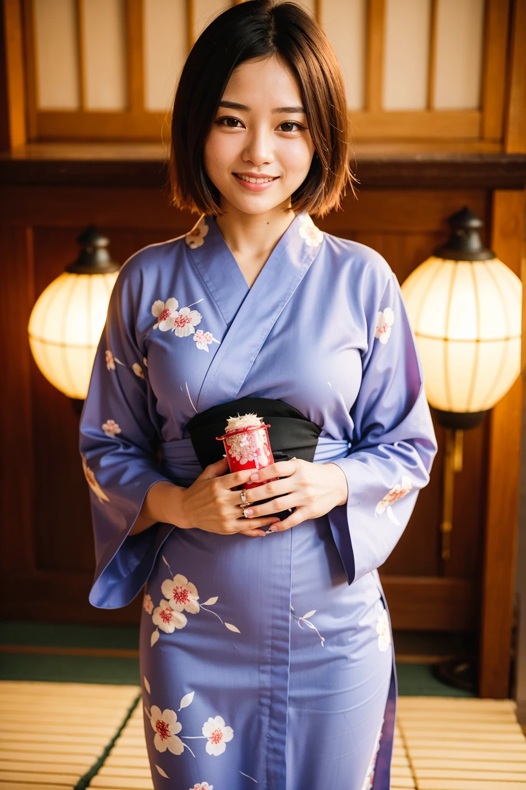 Top quality, A beautiful young woman with very short hair, wearing an elegant yukata adorned with delicate floral patterns. She stands gracefully under a lantern-lit path at a traditional Japanese festival. The soft glow of the lanterns highlights her serene smile and the intricate details of her yukata, creating a captivating and enchanting atmosphere.