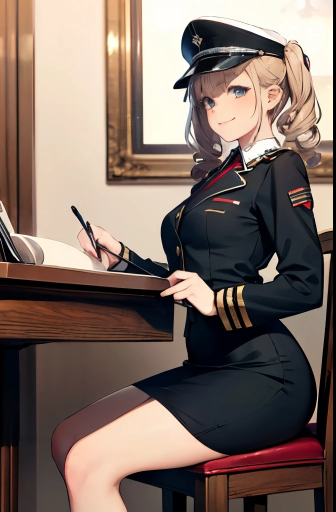 (masterpiece), 4K,woman,2 feet,army,long sleeve military uniform,hat,Small breasts,Small Ass,Curly Twin Tails,Light bulb lighting,Realistic, skinny, smile,Sitting in a luxurious chair,((Pencil skirt with side slits)),Writing documents