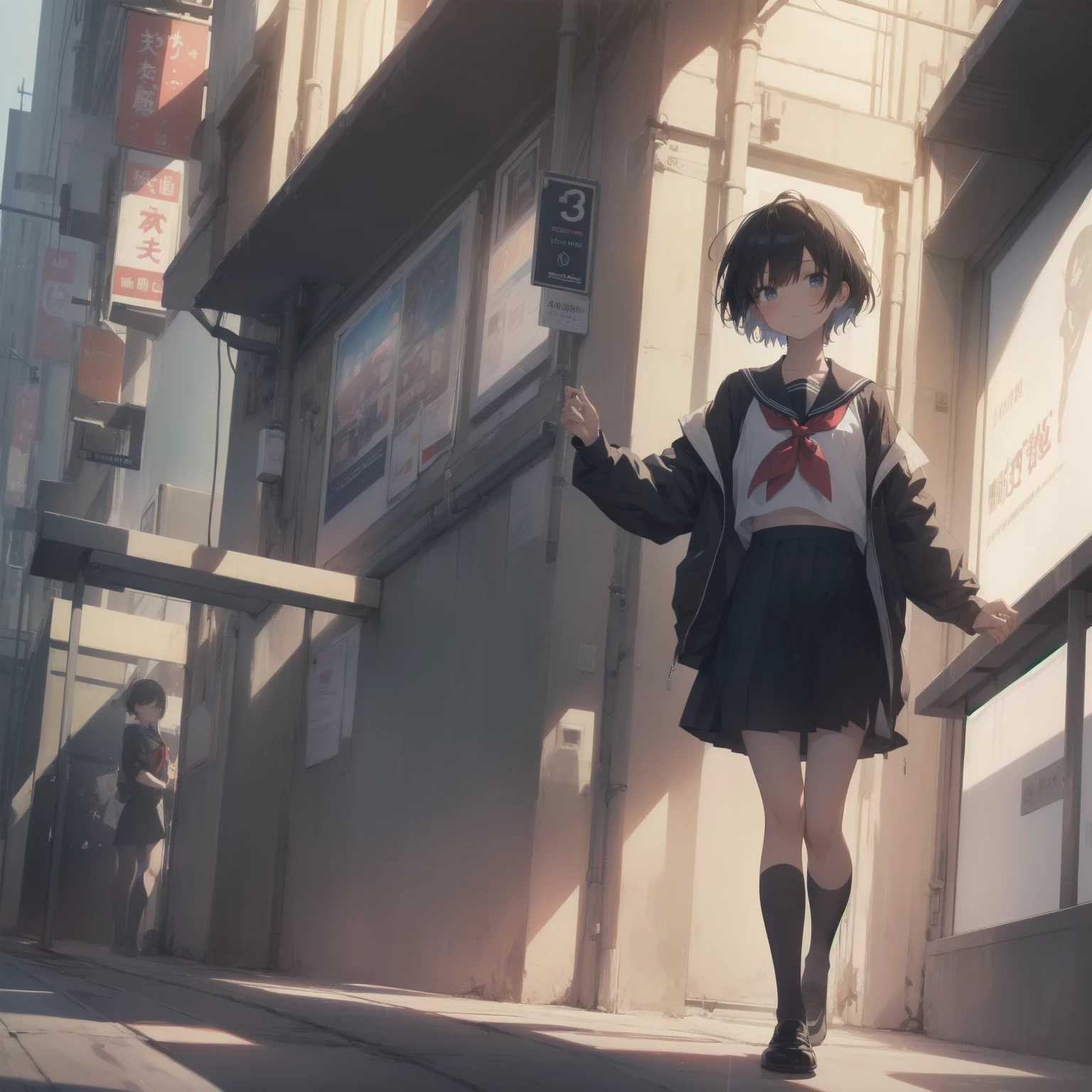 ultra-absurdres-Top quality by artist God, ultra-detailed, high resolution, anime moe artstyle, best anime 8k konachan wallpaper, pixiv contest winner, pool:2810, perfect anatomy,break, 1girl, (Please draw a girl walking sleepily to school alone. )break,(Solo,little female, 13-year-old:1.3),Full limbs, complete fingers,a junior high school student, (very short hair), short cut, flat chest, , small butt, small black eyes, beautiful detailed eyes, well-proportioned iris and pupils, expressive eyes, highres detailed hair, soft expression, salor school_uniform, sailor collar, serahuku, bow, pleated skirt,(Detailed Lighting), (Detailed background), in the School commute route. break,super detailed skin, Best cinematic lighting powered by famous artist, 8k,beauty illustration,photoshop_(medium),very aesthetic,break,((artist:kashikaze )), artist:clamp ,artist:carnelian ,artist:kantoku ,

