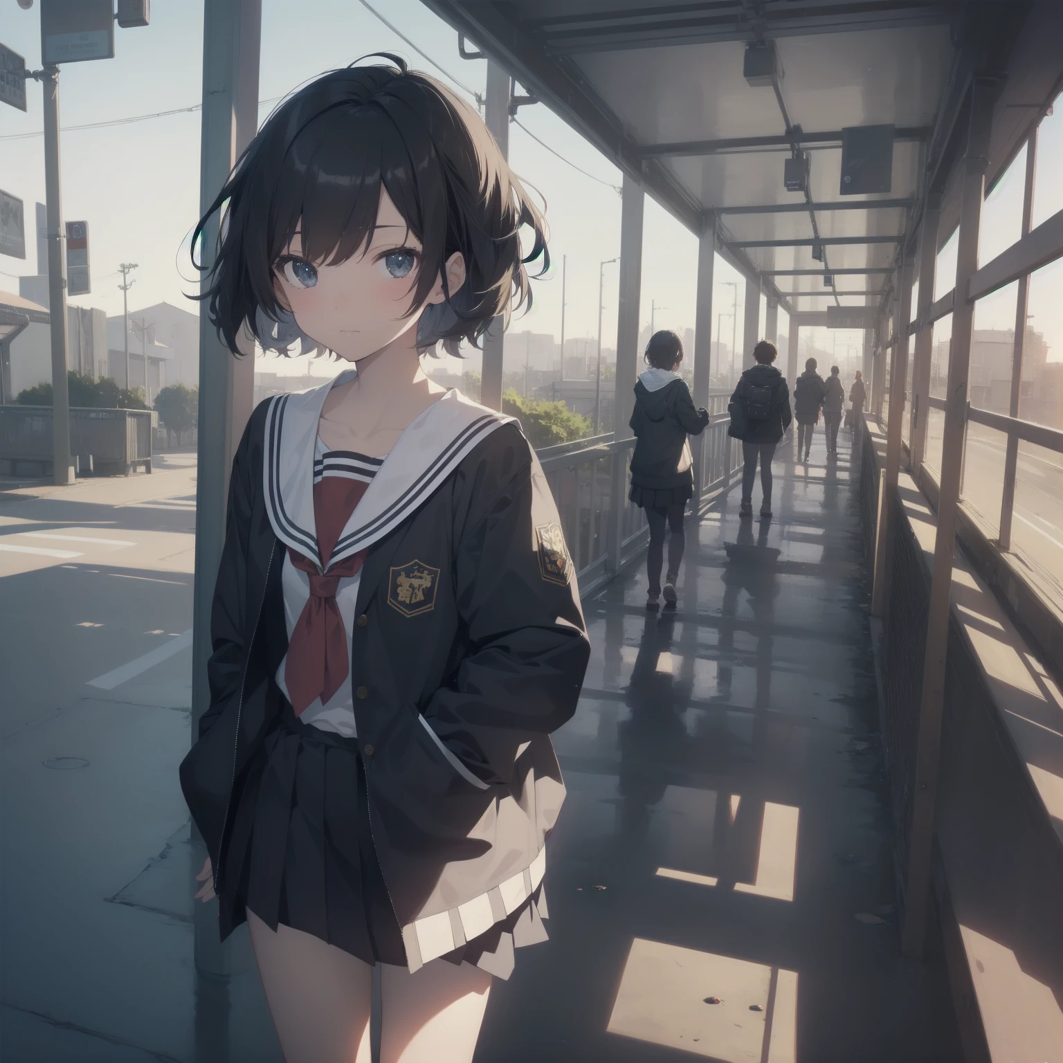 ultra-absurdres-Top quality by artist God, ultra-detailed, high resolution, anime moe artstyle, best anime 8k konachan wallpaper, pixiv contest winner, pool:2810, perfect anatomy,break, 1girl, (Please draw a girl walking sleepily to school alone. )break,(Solo,little female, 13-year-old:1.3),Full limbs, complete fingers,a junior high school student, (very short hair), short cut, flat chest, , small butt, small black eyes, beautiful detailed eyes, well-proportioned iris and pupils, expressive eyes, highres detailed hair, soft expression, salor school_uniform, sailor collar, serahuku, bow, pleated skirt,(Detailed Lighting), (Detailed background), in the School commute route. break,super detailed skin, Best cinematic lighting powered by famous artist, 8k,beauty illustration,photoshop_(medium),very aesthetic,break,((artist:kashikaze )), artist:clamp ,artist:carnelian ,artist:kantoku ,