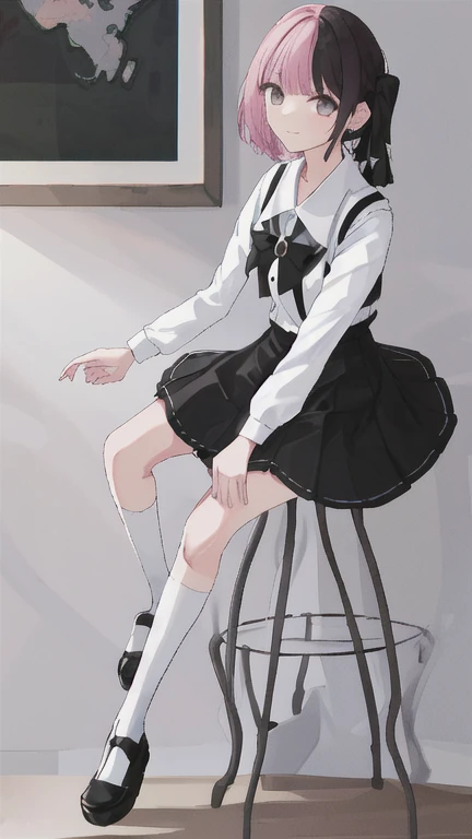 (masterpiece), expressive eyes, perfect face, 1 girl, soft smile, white school uniform shirt, grey miniskirt, ((crossed legs)), nice thighs, short white hair color, blue eyes color, black headband