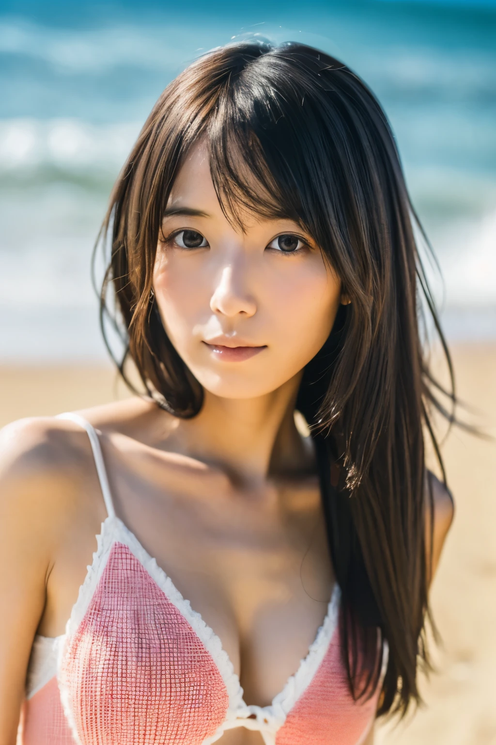 8k, highest quality, masterpiece, super high resolution, (realistic:1.4), RAW Photos, (Film Grain:1.3), One Girl, portrait of a skinny Japanese woman, 30 years old, standing on the beach, a cute face, detailed face, detailed eyes, {short|long} hair, correct body anatomy, wearing a swimsuit, photogravure