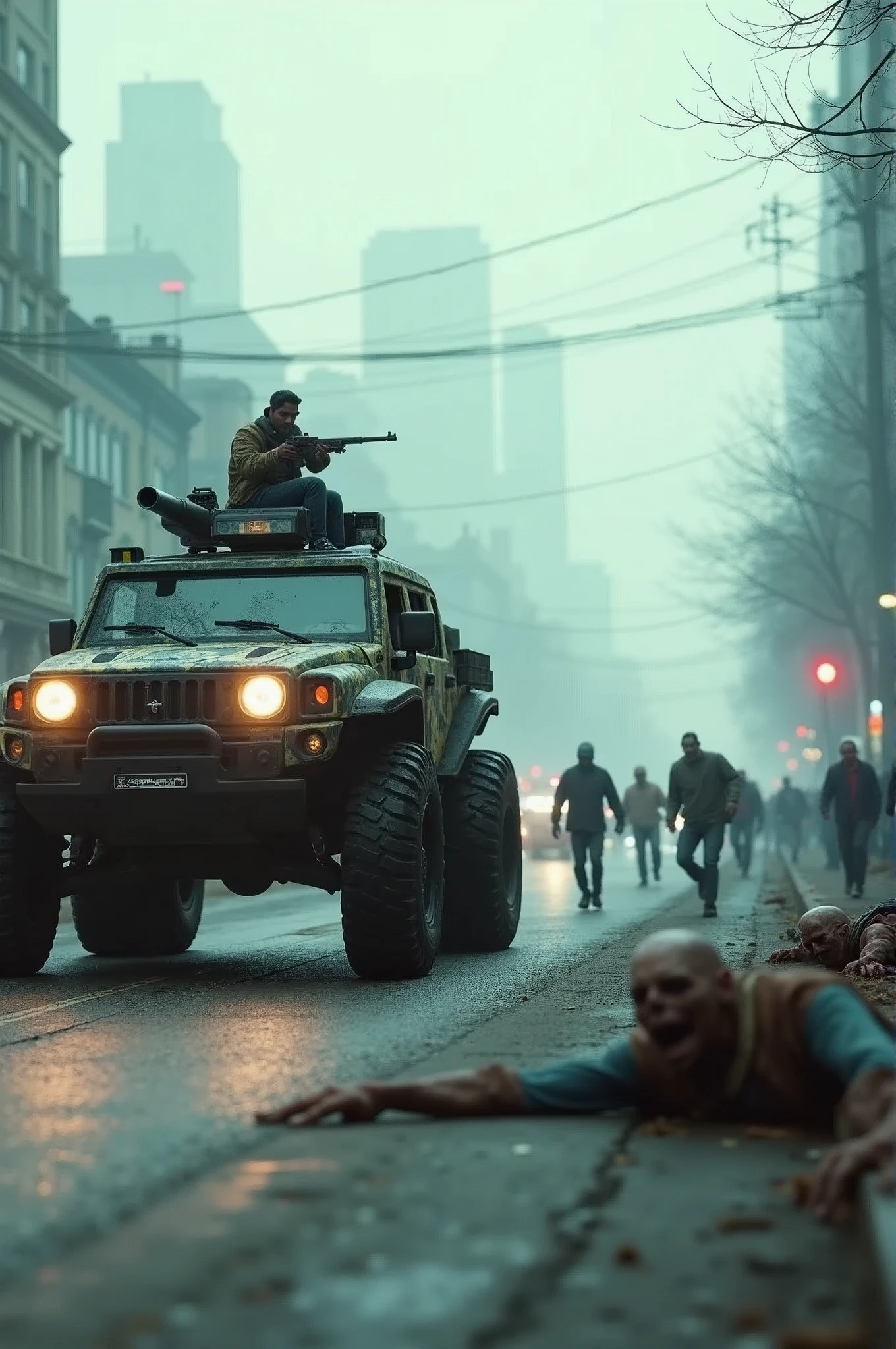 an award winning cinematic shot of an ultra futuristic city in the post-apocalyptic cyberpunk style, a 6-wheeled all-terrain vehicle is driving on the road, zombies are trying to catch up with the vehicle, a man is shooting at the zombies from the turret of the urban camouflage-colored all-terrain vehicle, gray sky, zombies are lying on the ground, others are running towards the vehicle, cinematic lights