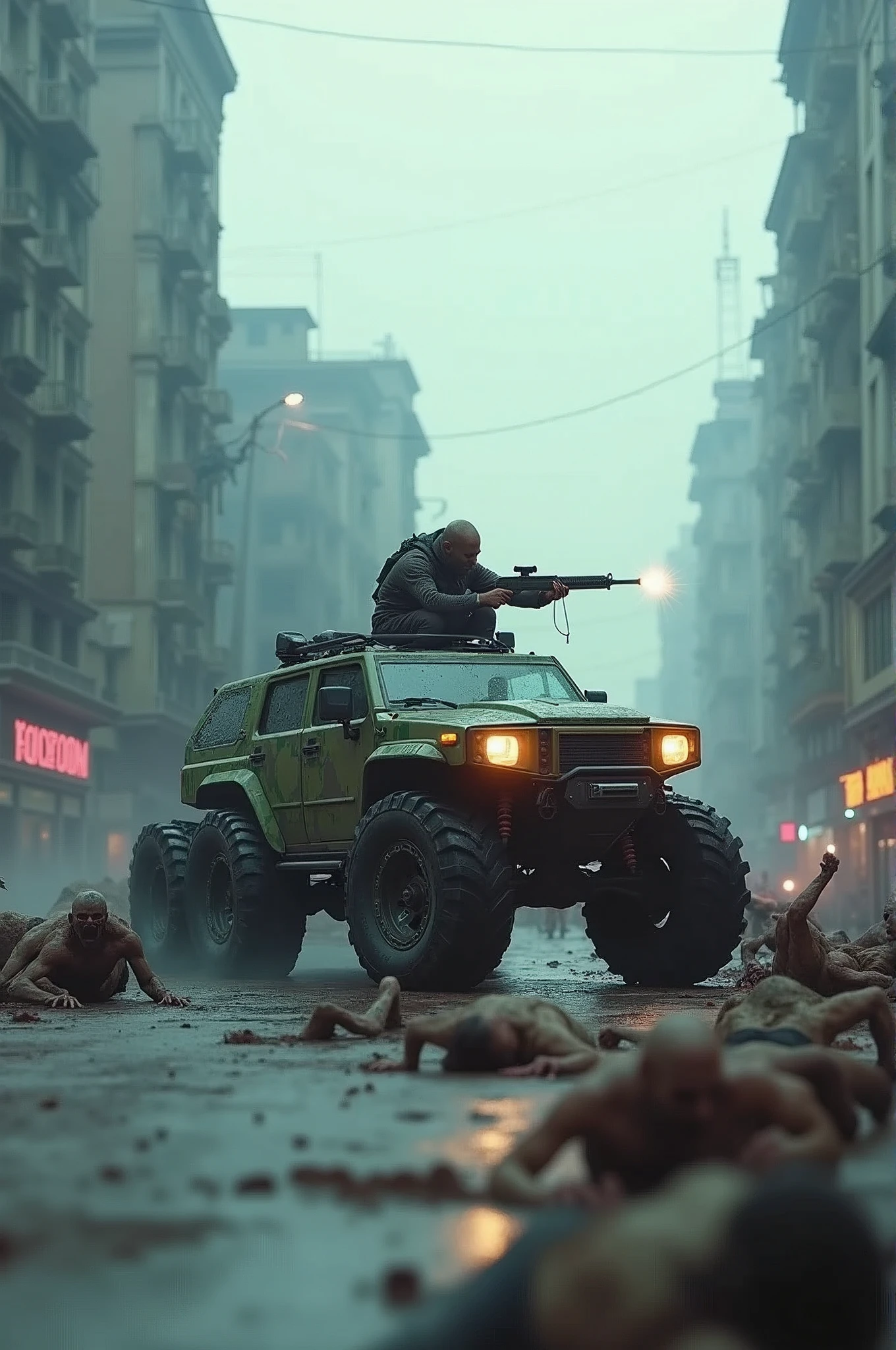 an award winning cinematic shot of an ultra futuristic city in the post-apocalyptic cyberpunk style, a 6-wheeled all-terrain vehicle is driving on the road, zombies are trying to catch up with the vehicle, a man is shooting at the zombies from the turret of the urban camouflage-colored all-terrain vehicle, gray sky, zombies are lying on the ground, others are running towards the vehicle, cinematic lights