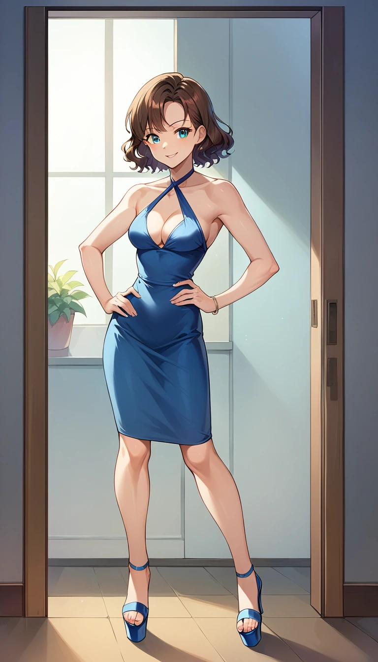 score_9, score_8_up, score_7_up, score_6_up, BREAK, 1girl, 30yo, female, short, slender slutty girl, brunette, wavy hair, cute and mature, wearing (ultra short halter skirt, blue:1.1), (platform heels:1.0), (medium breasts, shoulder length hair:1.5), cleavage, BREAK, luxury office, standing in doorway, (sexy pose, hand on hip:1.3), smirk, perfect proportions.