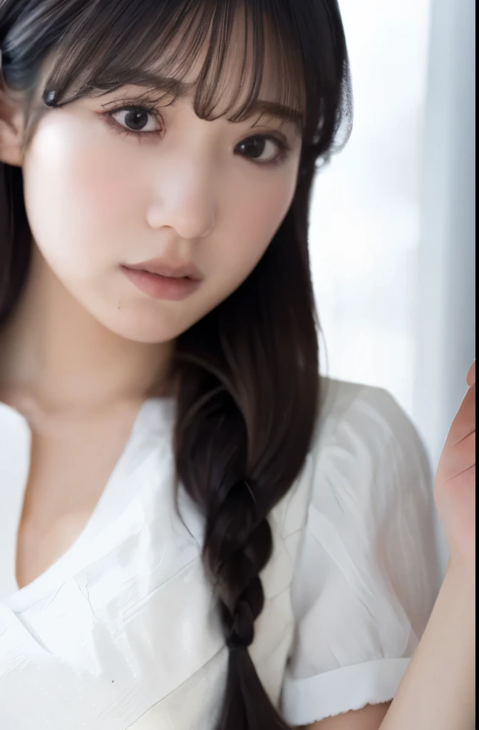  (Short bangs), (Hair color is dark chestnut with a slight brown tinge), (Hair with subtle and gentle waves), (Small, intricate braids on the side of long hair), (Decorated with thin ribbons), ( White blouse with small frills), (bow tie), (青いロングskirt), (White short ankle socks), Frilled blouse, skirt, white ankle socks, (masterpiece), (最high quality), (Very detailedな), (Best Shadow), (photoRealistic:1.4), high quality, masterpiece, Very detailedな, High resolution, 4K, 超High resolution, Detailed Shadows, Ultra-realistic, Dramatic lighting, One Girl, alone, Detailed face, Realistic eyes, Realistic Skin, Dynamic Hair, Dynamic pose, Dynamic Angle, White Background, (RAW Photos:1.2), ( Realistic:1.4), Beautiful detailed girl, Very detailed eyes and face, Beautiful attention to detail, ばVery detailedな, High resolution, Very detailed, 最high quality, (Bright interior), (Soft Light), (Low contrast), (Shallow depth of field), (portrait of a beautiful woman illuminated by gentle light), (Very delicate and elegant depiction),shape, Very detailed, CG, Unified, 8k wallpaper, wonderful, Finer details, 最high quality, Very detailed CG Unified 8k wallpaper, Face Light, Cinema Lighting, One Girl,
