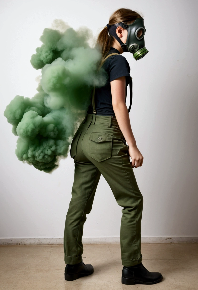 A girl wearing a gas mask releases a foul-smelling green fart cloud from her butt under the trousers from the back