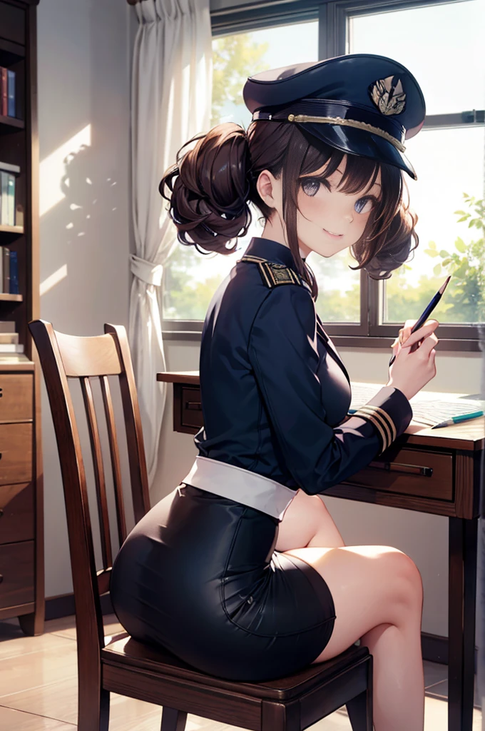 (masterpiece), 4K,woman,navy,long sleeve military uniform,hat,Small breasts,Small Ass,Curly Twin Tails,Light bulb lighting,Realistic, skinny, smile,Sitting in a luxurious chair,((Pencil skirt with side slits)),Writing documents