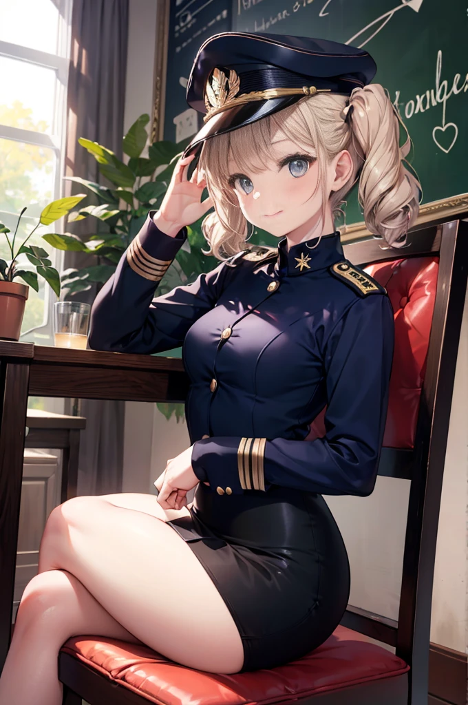 (masterpiece), 4K,woman,navy,long sleeve military uniform,hat,Small breasts,Small Ass,Curly Twin Tails,Light bulb lighting,Realistic, skinny, smile,Sitting in a luxurious chair,((Pencil skirt with side slits)),Writing documents