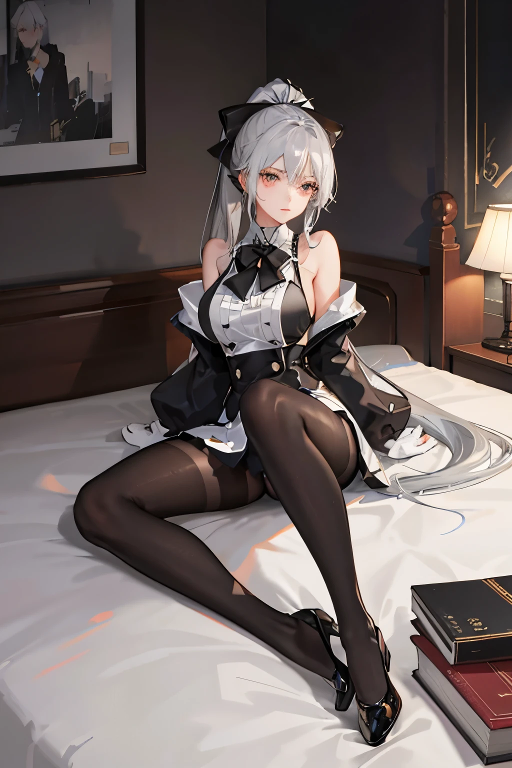 (((1 big breasted girl)),Ray Tracing,(Dim Lights),[Detailed background(bedroom)),((Silver hair)),((Silver hair)),(((((Fluffy silver hair,Plump girl))Wearing a high ponytail)))避免在不祥的bedroom里使用金色眼睛((((Girl wearing black high-waisted trousers and tights with delicate embroidery)And white ruffled bow gloves),Showing off a slender figure and graceful curves,Correct limbs,Sitting on the bed,Sex with another man,Fox Girl,Huge breasts,High heel
