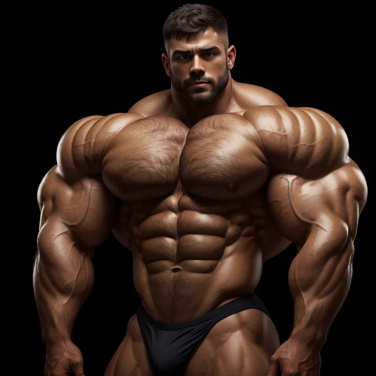 a man, short hair, shirtless, massively muscular, with massively large muscles, on a black background