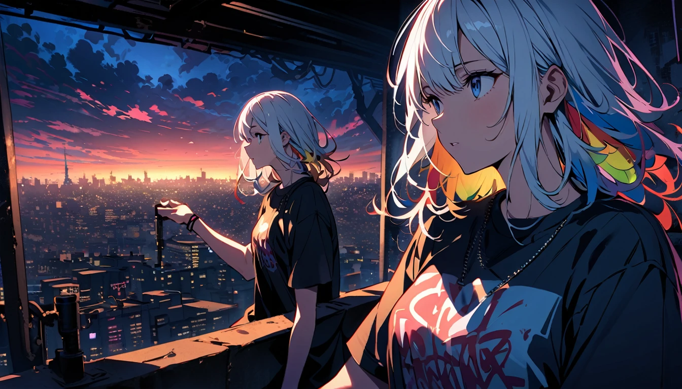 HD 8K Handsome sexy, Solitary, 1 female, Medium Length Hair, white hair, Rainbow hair, blue Eyes panoramic, in the night, looking away, Brack Big t-shirt, outdoor, White clouds, graffiti spray art wall panoramic, vibrant, cityscape, Tokyo night