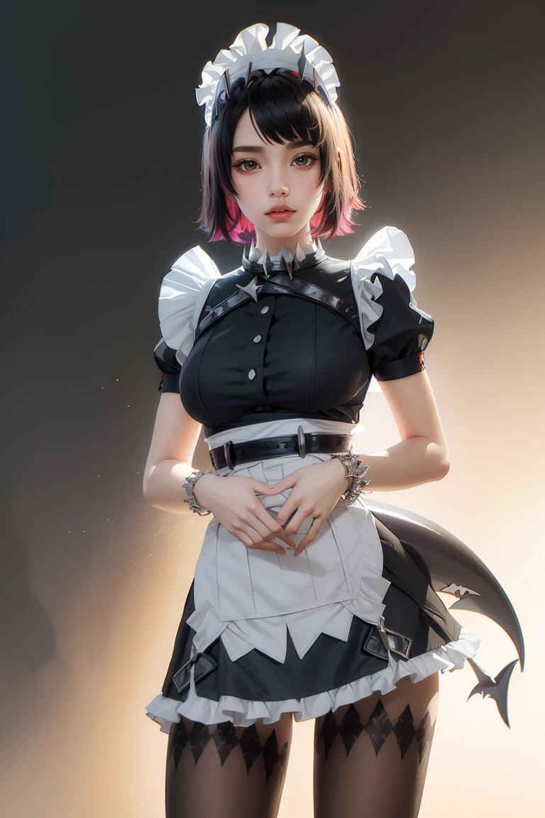 ellenjoe, ellen joe, black hair, colored inner hair, multicolored hair, (red eyes:1.3), red hair, short hair, two-tone hair, ((shark tail))
BREAK bapron, black pantyhose, black shirt, black skirt, ear piercing, fins, fish tail, maid, maid apron, maid headdress, pantyhose, piercing, puffy short sleeves, puffy sleeves, shark girl, shark tail, shirt, short sleeves, skirt, tail, two-tone hair, wrist cuffs,
BREAK outdoors, city, sky, clouds, sun, park
BREAK looking at viewer, (cowboy shot:1.5),
BREAK (masterpiece:1.2), best quality, high resolution, unity 8k wallpaper, (illustration:0.8), (beautiful detailed eyes:1.6), extremely detailed face, perfect lighting, extremely detailed CG, (perfect hands, perfect anatomy),