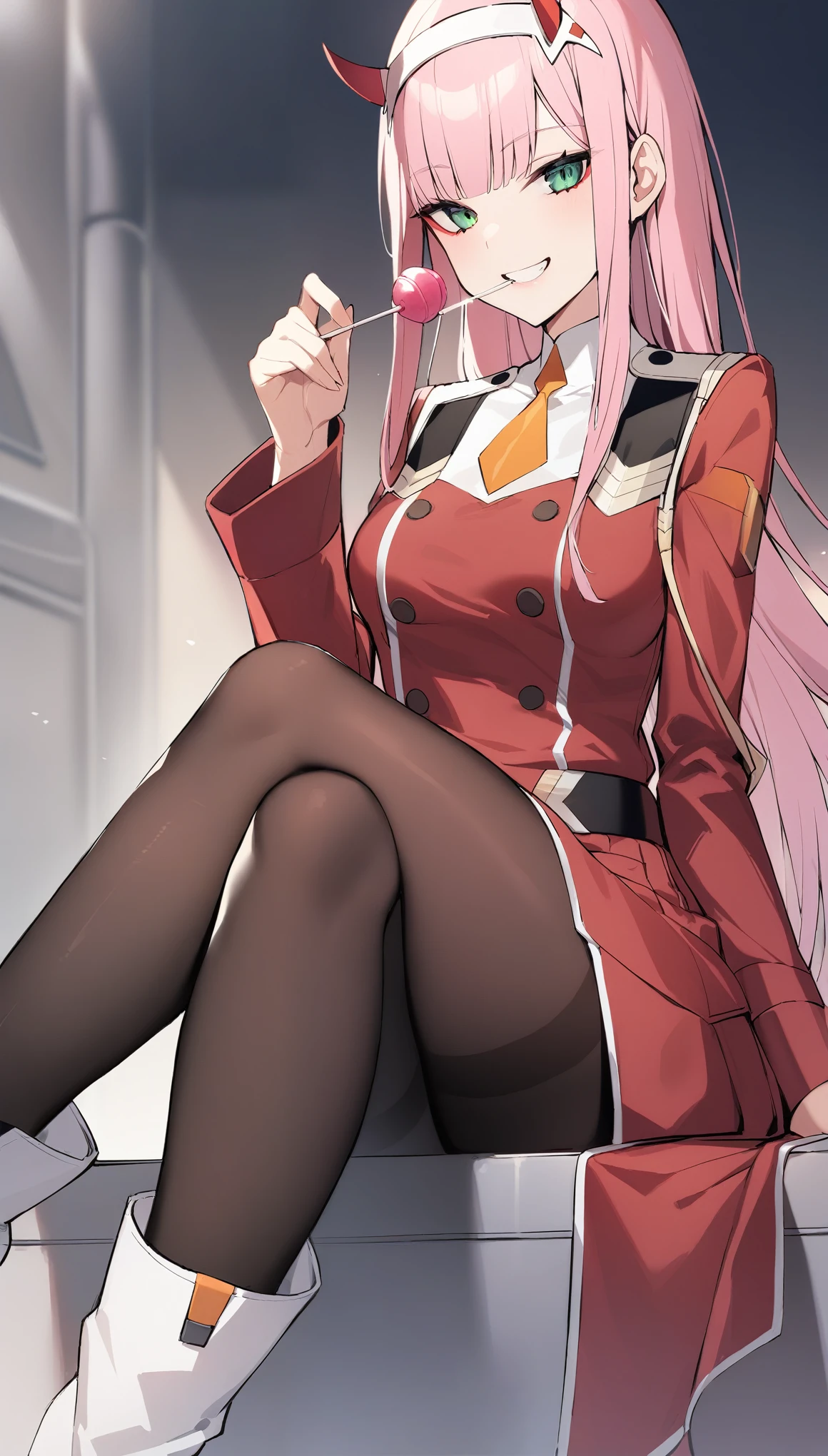 masterpiece, best qualityï¼ 1girl, zero_two_\(darling_in_the_franxx\), long_hair, solo, pink_hair, lollipop, candy, pantyhose, horns, food, green_eyes, hairband, smile, white_hairband, black_pantyhose, crossed_legs, looking_at_viewer, boots, sitting, holding, uniform, holding_candy, white_footwear, necktie, bangs, holding_food, military_uniform, military, short_necktie, holding_lollipop, very_long_hair, invisible_chair, orange_necktie, long_sleeves, grin